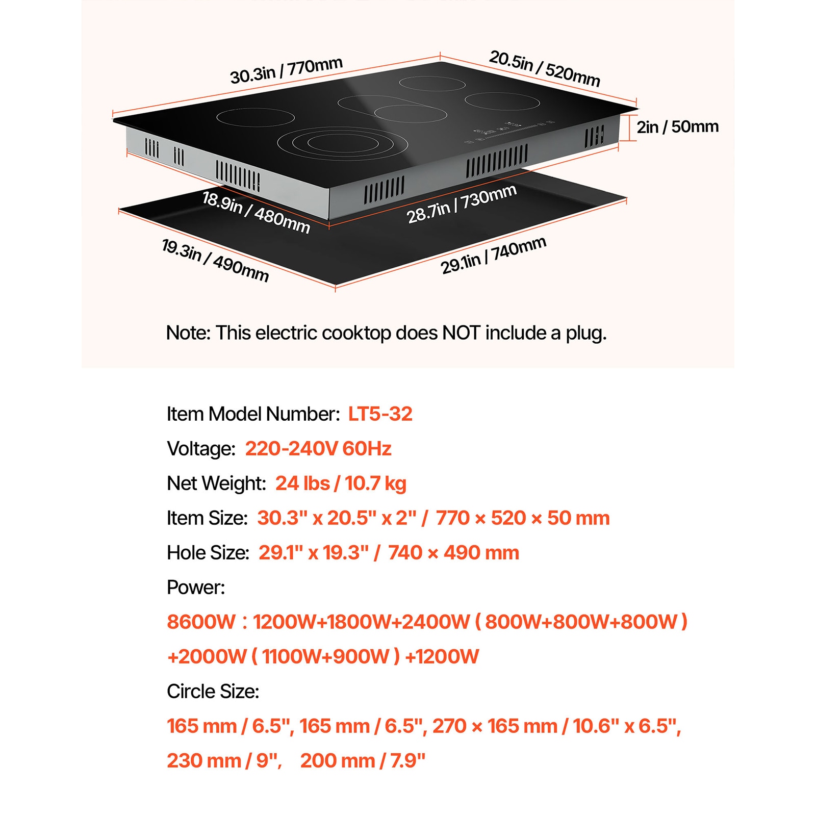 Built-in Electric Glass Cooktop 5 Burner Radiant Hob With Timer_voghion.com
